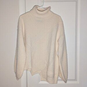ADAWAS 100% Wool Turtleneck Ivory Asymmetric Long Sleeve Pullover Sweater 40